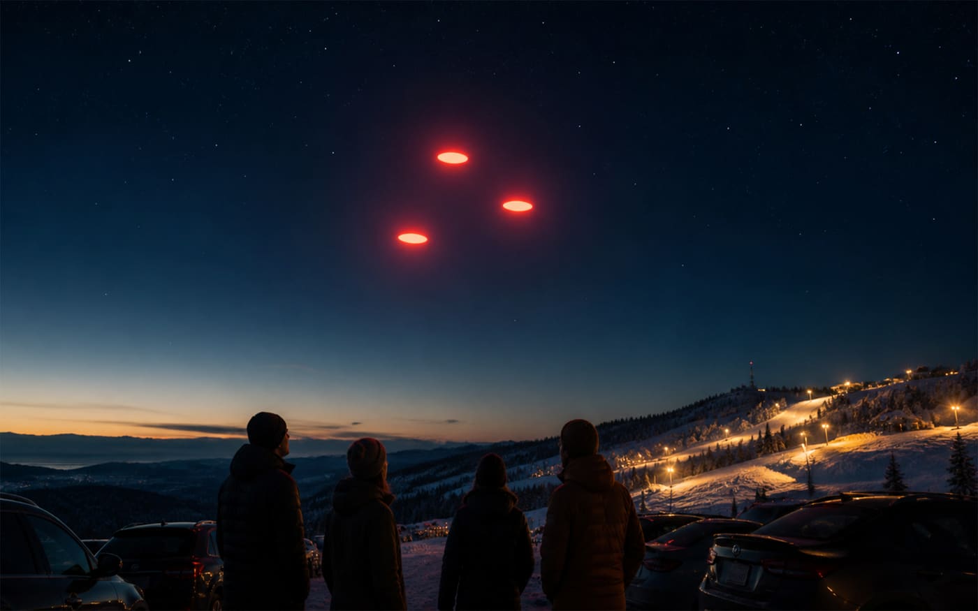 Fire personer ser på tre lysende objekter over en snødekt norsk fjellside.